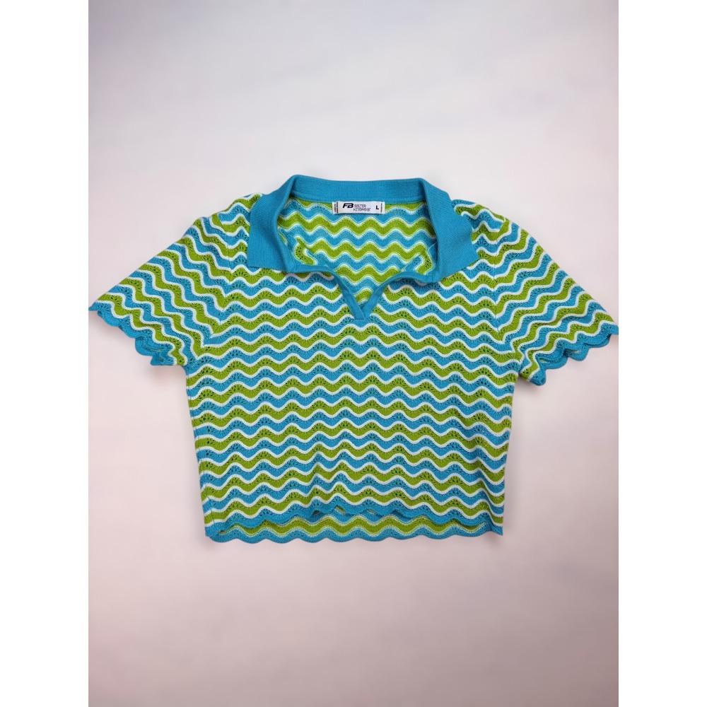 FB Sister Knitwear Blue Green Chevron Zig Zag ColorfulPolo Knit Top Large Boho